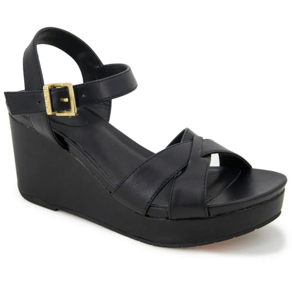 KENNETH COLE REACTION Clarissa Black Wedge Sandals w Gold Buckle